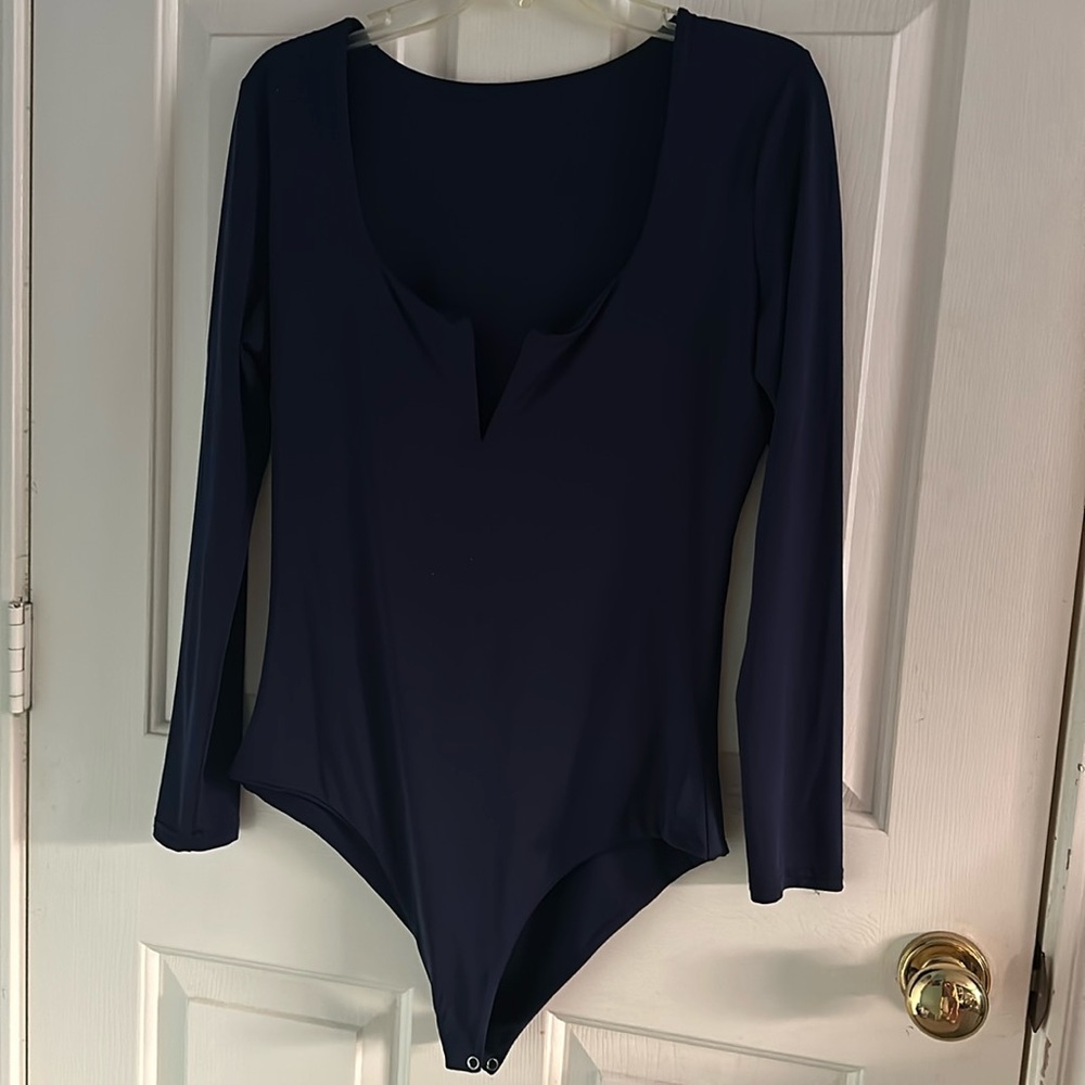 blue v neck bodysuit